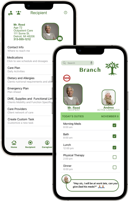 A picture of the Branch home caregiver app on a phone.